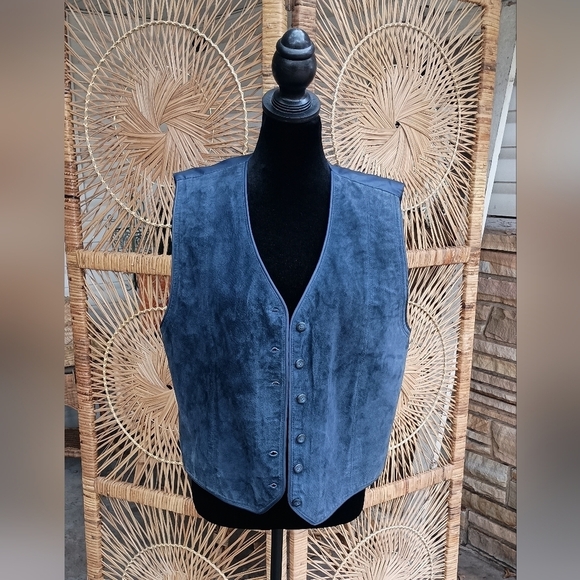 Marsh Landing Jackets & Blazers - Vintage 90s Marsh Landing Blue Suede Leather Button-Up Vest_Med